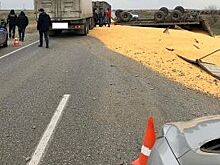 На Ставрополье посреди трассы перевернулся зерновоз и перекрыл дорогу