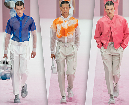 Новая мужская коллекция Dior: шорты с «газетным» принтом, розовые бомберы и костюмы со шлейфом
