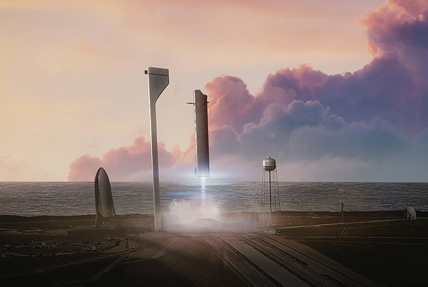 Транспортная система BFR (Big Falcon Rocket) компании SpaceX. В многоразовом варианте супертяжелый носитель рассчитан на выведение на комфортную транспортировку до ста человек (по 2-3 в каюте) к Луне и Марсу. Ракета полетит в 2022 году. Менее чем за час транспортная система доставит человека в любую точку земного шара, а стоимость билета будет несколько тысяч долларов