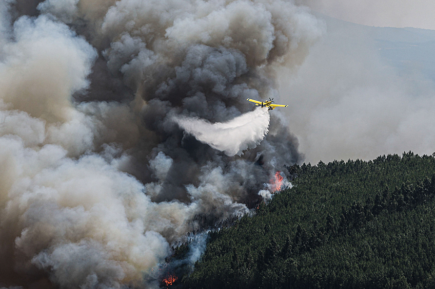 Самолет сбрасывает воду на лесной пожар в Малхада-ду-Рей, Португалия, 18 августа 2025 года