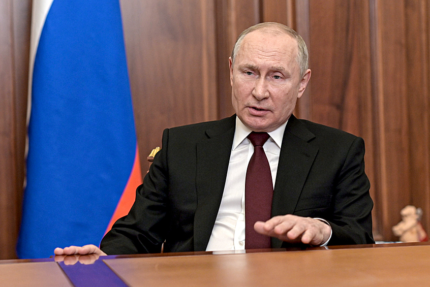 Президент РФ Владимир Путин во время своего обращения о признании независимости Донецкой и Луганской Республики, 2022 год