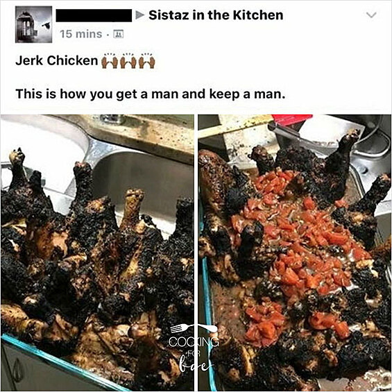 Курица по-ямайски должна быть хорошо замаринована и поджарена. Но кажется от этого блюда осталась только гарь. Но зато сверху повар решил уложить свеженькие томаты...