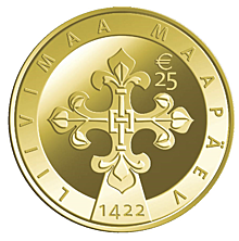 Ливонский сейм на золотых монетах 25 евро 2022 года