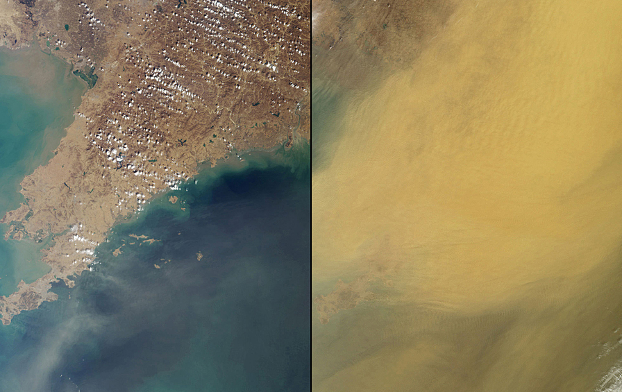 Пыльная буря в провинции Ляонин (Китай) и части Северной и Западной Кореи ( 23 марта 2002 / 8 апреля 2002).