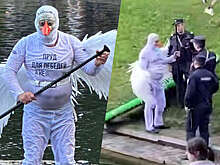 SHOT: на Патриарших прудах в Москве задержали мужчину в костюме лебедя