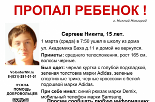 В Нижнем Новгороде пропал 15-летний Никита Сергеев