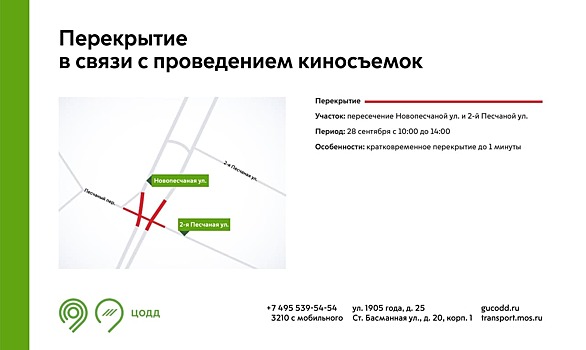 Движение на пересечении Новопесчаной и 2-й Песчаной улиц 28 сентября будут перекрывать из-за киносъемок
