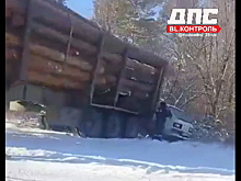 В Приамурье лесовоз съехал на обочину и прижал грузовик