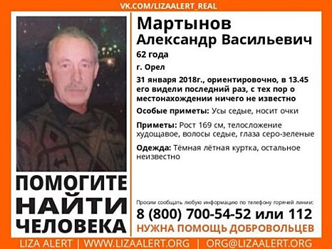 Орловцев просят помочь в поисках 62-летнего Александра Мартынова