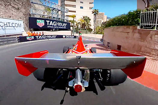 Круг по трассе Формулы-1 в Монако — Жан Алези за рулём «Феррари» 312 B3, видеозапись сзади машины