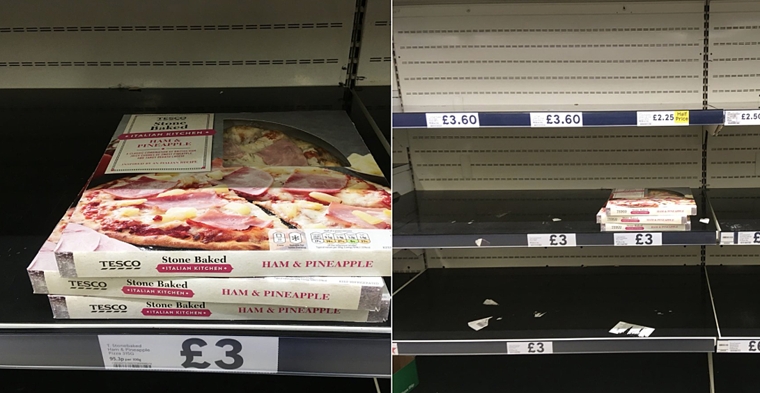 Многие жители Великобритании опубликовали в Twitter фотографии пустых полок. Один из них, по имени Льюис Вейк, обратил внимание на любопытную деталь: несмотря на нехватку продуктов, покупатели все равно не приобретают пиццу с ветчиной и ананасами