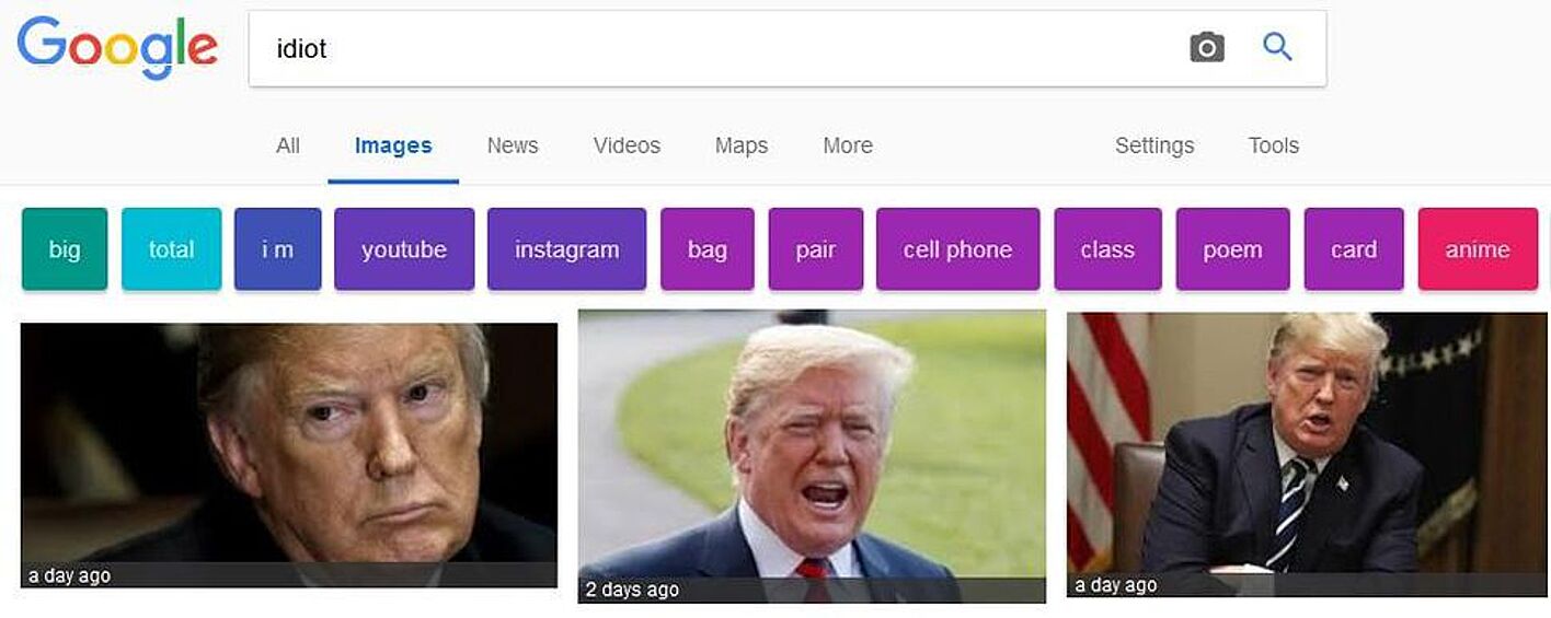 . Это повлияло на алгоритмы Google, и поисковик по запросу «idiot» стал показывать фотографии Дональда Трампа на первой странице выдачи