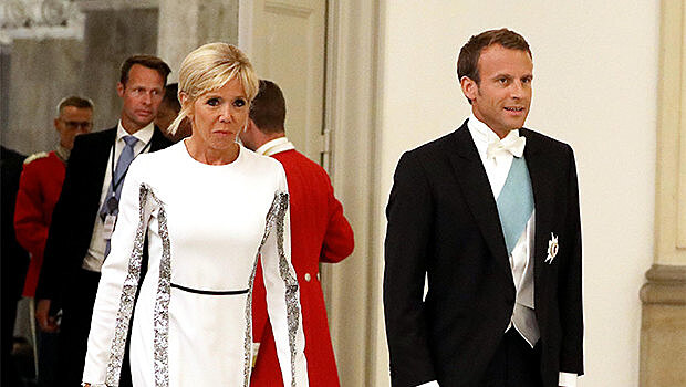 На ужин с королевой: Брижит Макрон в вечернем платье с разрезами Louis Vuitton