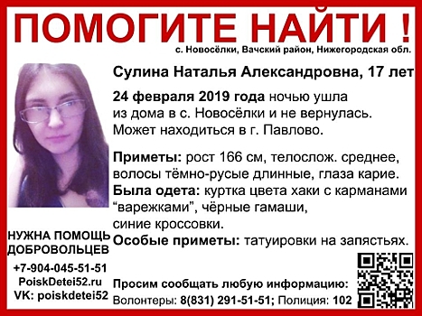 17-летняя Наталья Сулина пропала в Нижегородской области