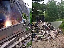 Под Новосибирском из-за батарейки в мусоре синим пламенем загорелся мусоровоз