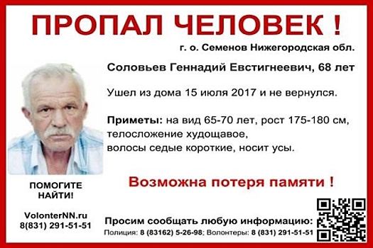 68-летний Геннадий Соловьев пропал в июле в Нижегородской области