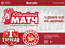 Матч с участием легенд хоккея, ветеранов «Торпедо» и звезд шоу-бизнеса состоится в Нижнем Новгороде 16 декабря