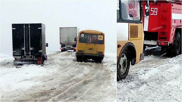 Верхнеуральские огнеборцы вытащили из снежного плена два школьных автобуса