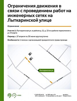 На Лыткаринской улице из-за проведения ремонтных работ введены ограничения движения