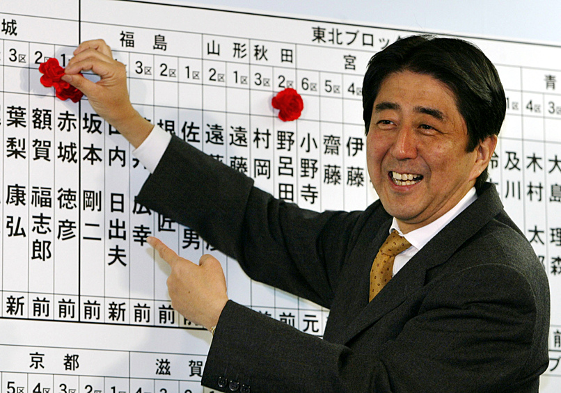 Синдзо Абэ, генеральный секретарь правящей Либерально-демократической партии (ЛДП), прикрепляет цветок на имя кандидата от ЛДП, проверяя ход подсчета бюллетеней в штаб-квартире ЛДП в Токио, 2003 год