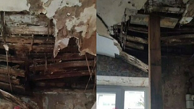 В Советске коммунальщики подпёрли палкой рухнувший во время ливня потолок (фото, видео)