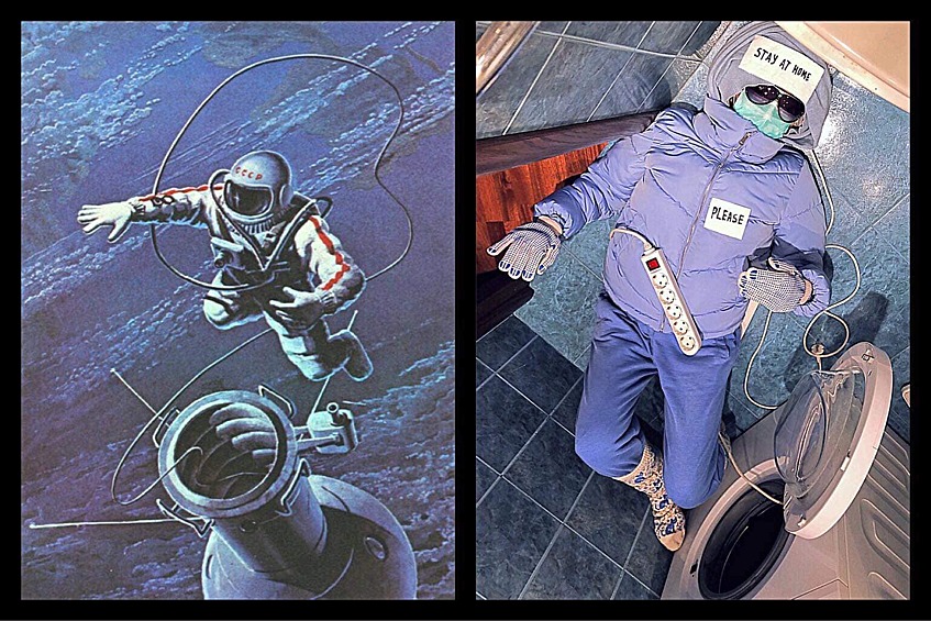 Автор использовал обложку книги А. Леонова "Выхожу в космос" и картину "Над Черным морем"