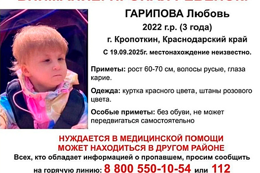 В Краснодарском крае ищут пропавшую трехлетнюю девочку с ДЦП