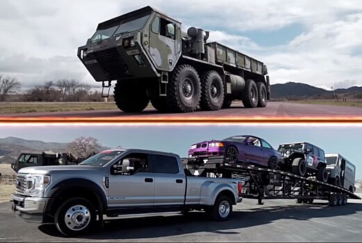 Видео: гонка восьмиколесного грузовика и пикапа с тремя автомобилями в прицепе