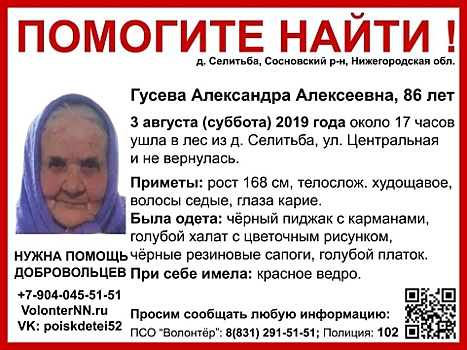 86-летнюю Александру Гусеву ищут в Нижегородской области