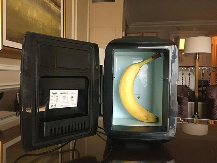 «Очевидно, наш отель очень буквально воспринял нашу просьбу о мини-холодильнике. Банан для масштаба».
