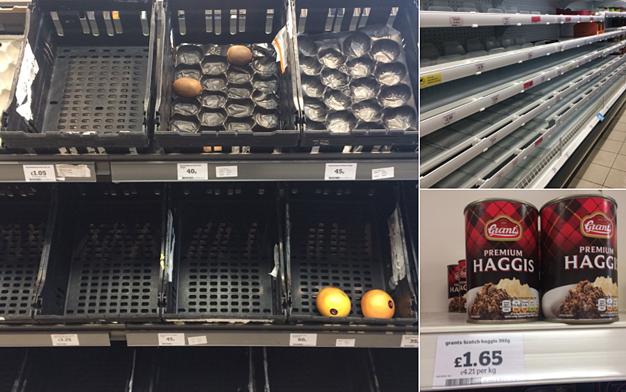 "Пустые полки в обеденный перерыв в моем местном супермаркете в Глазго, но хотя бы консервированный бараний рубец остался"