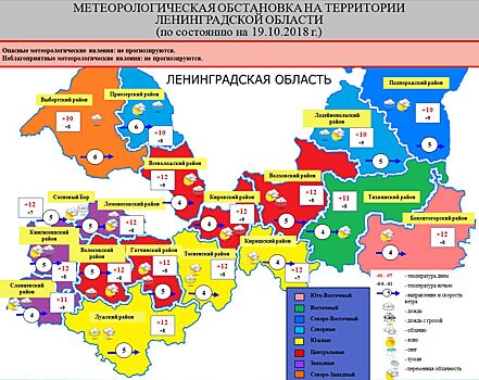 МЧС прогнозирует 19 октября местами дожди и до плюс 12 градусов тепла в Ленобласти