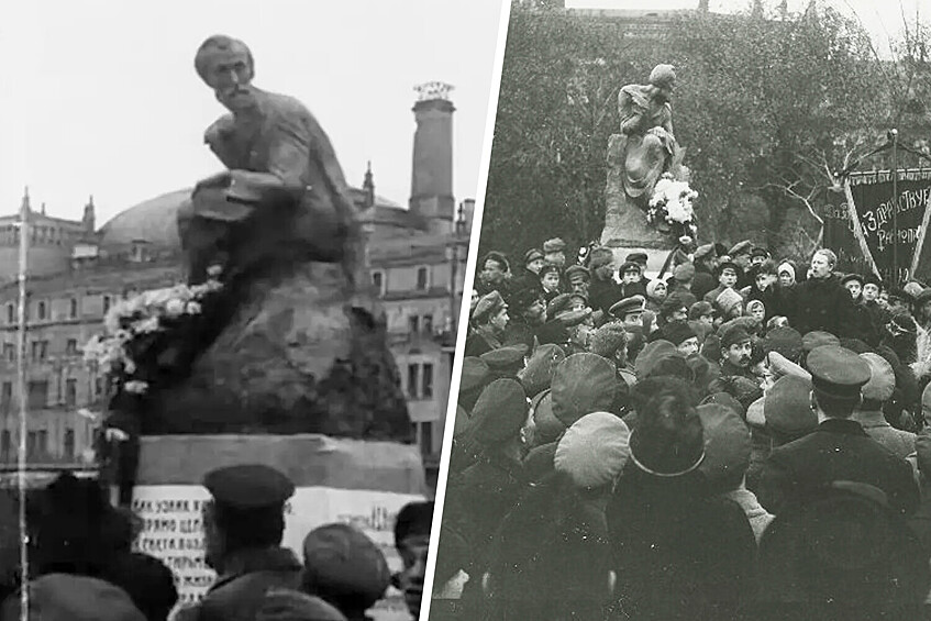 Памятники Никитину и Кольцову, Москва.  В один день с Робеспьером в Москве открыли памятник поэту Ивану Саввичу Никитину. Статую из гипса сделал скульптор Александр Блажиевич (Блажис), литовец, в 1922 году уехавший в США.  Памятник находился возле Китайгородской стены, на Театральной площади, прямо посреди розария.  По соседству в тот же день открыли памятник поэту и купцу Алексею Кольцову. На церемонии читал стихи Сергей Есенин. Кольцов был известен как первый поэт, воспевший внутренний мир крестьянина, а Никитин считался его преемником.  Оба памятника были сделаны из гипса временно – впоследствии их хотели создать в бронзе. Но не судьба – Никитин и Кольцов быстро пропитались водой и разрушились. Простояли гипсовые поэты-народники меньше года.