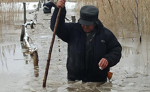 В Курской области жителям деревни Жизлово приходится ходить за продуктами по пояс в ледяной воде