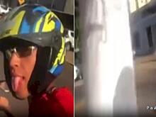 Столб преградил дорогу делающему селфи на мотоцикле экстремалу