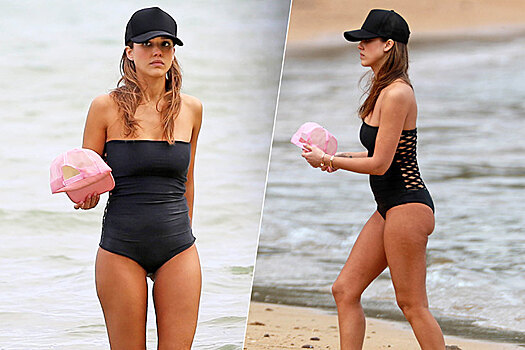 35-летняя Джессика Альба в черном купальнике на гавайском пляже