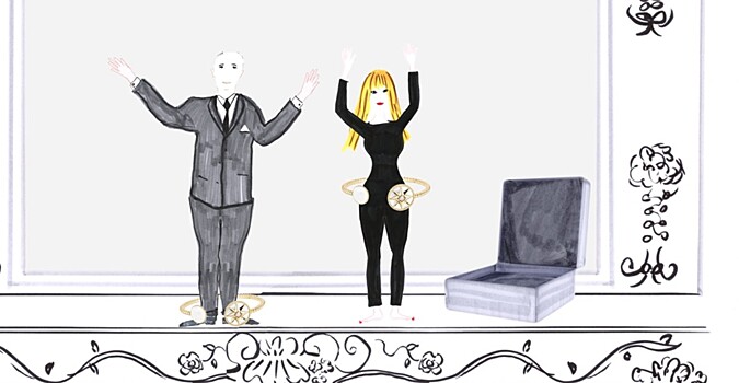 Кристиан Диор и Виктуар де Кастеллан крутят украшения-хулахупы в мультфильме Dior