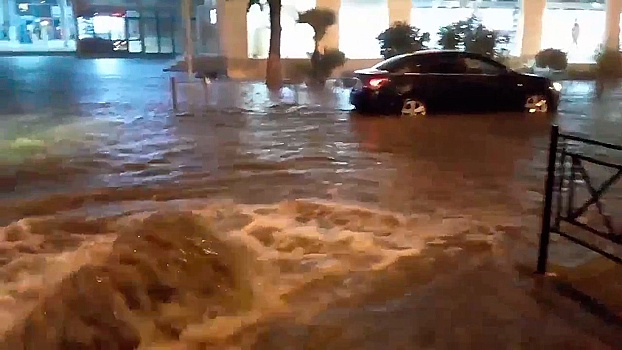 Ураган в Сочи повалил рекламный щит на машину