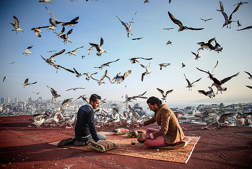 Владельцы одного из культурных центов в Стамбуле во время завтрака на крыше