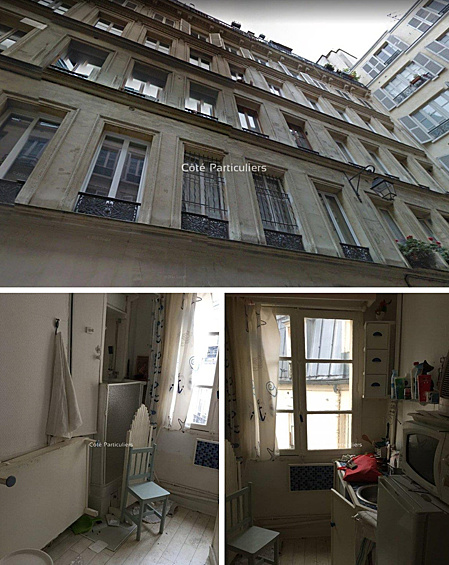 Чулан в Париже — 6 кв. м. Комнатка с кухонными шкафами, микроволновкой и окном, которое выходит на юг в 10-м округе Парижа.