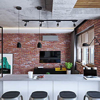 Мужская студия с элементами стиля лофт и стеклянной спальней