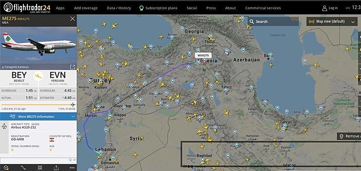 Flightradar24 показал летящий из Ливана в Армению борт с наемниками