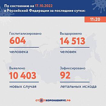 В России выявили 10 403 новых случая коронавируса за сутки