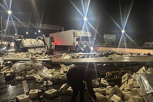 Фура с вином перевернулась в Ставропольском крае, место ДТП сняли на видео