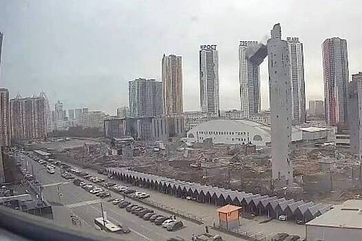 Огромный кусок колонны рухнул при сносе «Снежкома» в Подмосковье. Более 100 машин засыпало землей, пострадали люди