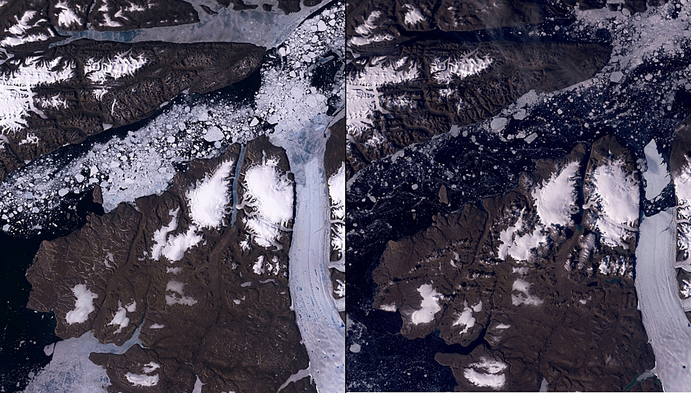 Таяние ледника Петерманна в Гренландии. По словам г-на Мюнхова, потепление на севере Гренландии и в Канаде идет в пять раз быстрее, чем в среднем по миру. За последние 30 лет температура в этих регионах выросла примерно на 4 градуса по Фаренгейту