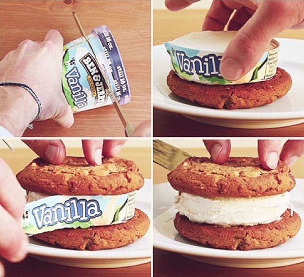 Бутерброд с мороженым. Разрежьте упаковку с мороженым, положите получившийся кусок на печенье или бисквит, закройте его сверху. Вуаля!