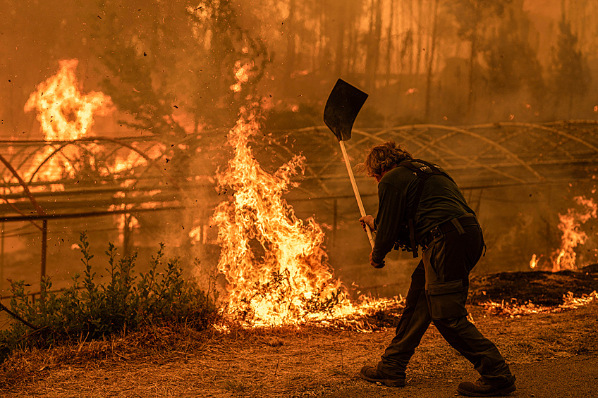 Лесник тушит лесной пожар в Карбальеда-де-Авиа, Испания, 17 августа 2025 года
