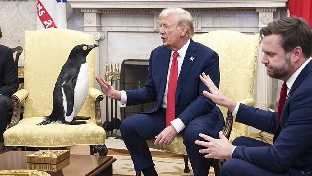 Дональд Трамп и Джей Вэнс на встрече с пигвином