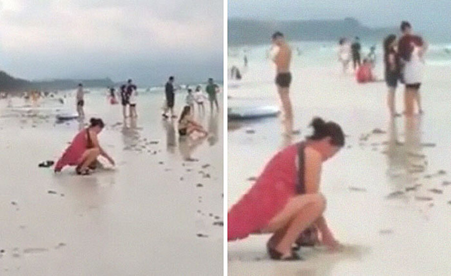 Туристка закопала грязный подгузник в песке на пляже на Филиппинах.